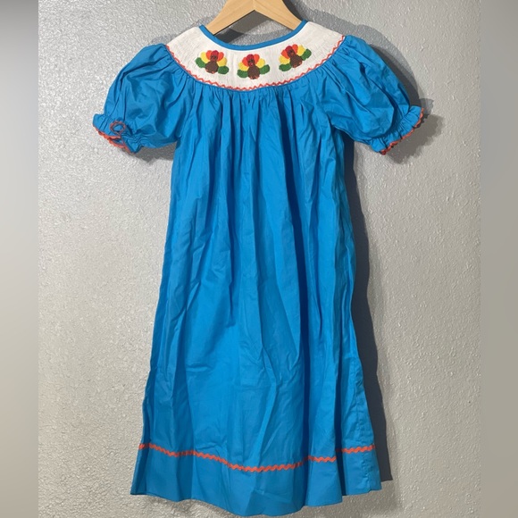 Smocked or Not Thanksgiving Turkey Turquoise Dress - Size 5 - Picture 1 of 6